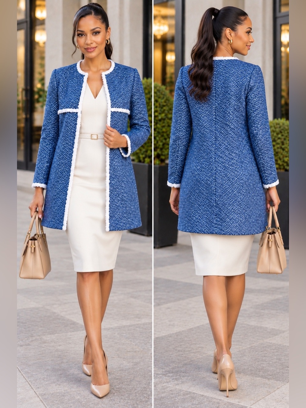 J. McLaughlin Blue Fringed Tweed Coat Jacket with White Trim S💙💙💙💙💙